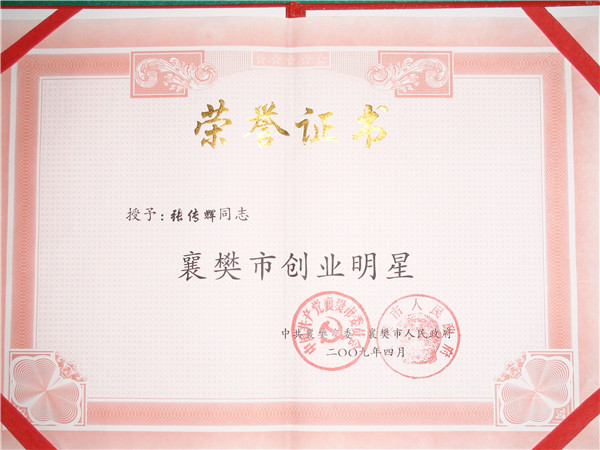 襄陽市創(chuàng)業(yè)明星榮譽證書 襄陽市創(chuàng)業(yè)明星榮譽證書